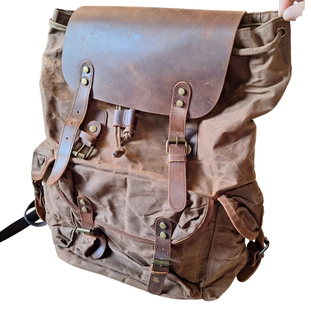 Waxed Canvas Leather Heavy Duty Rugged Backpack Rucksack Cargo Storage Hunting